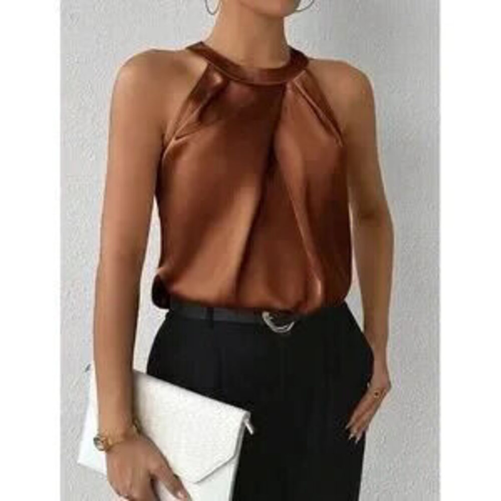 Brown Satin Halter Blouse Top